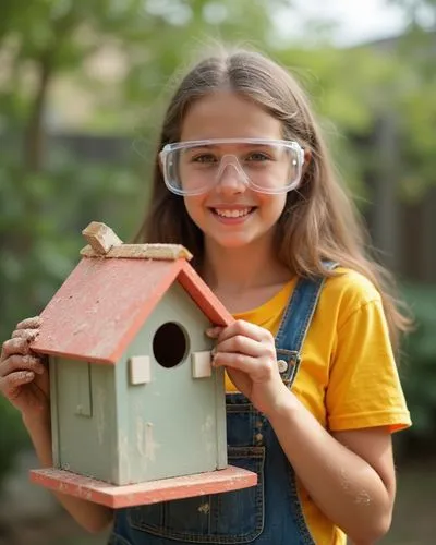 A teenage girl building a birdhouse in her backyard, her hands covered in sawdust. She’s wearing overalls and safety goggles, smiling as she paints the finished structure in bright, cheerful colors.,a