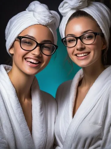 Two young women wearing black glasses White bathrobe, happy expression























,spa items,health spa,cosmetic dentistry,beauty treatment,women's cosmetics,management of hair loss,artifi