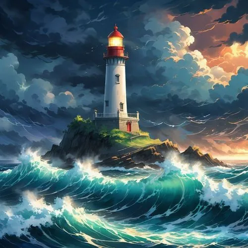 A picturesque 1802 lighthouse, its soft light casting a warm glow on the turbulent ocean waves and brooding sky, creating a serene yet dramatic contrast with the stormy seas and dark clouds in the bac