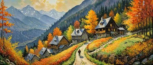 a painting of a small autumnal village in the mountains, orange and yellow autumn leaves in the forest, peoples walking on the ways, Canadian summer,a painting of houses on a mountain with fall foliag