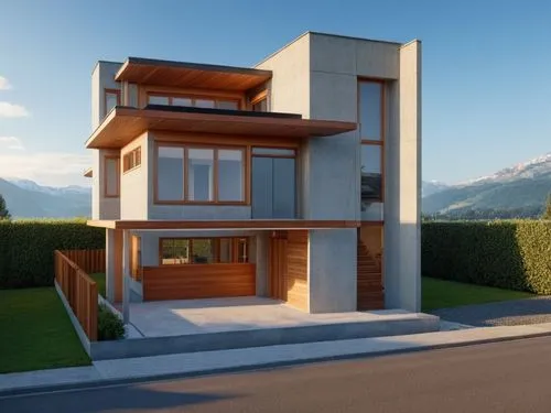 render this scene, set in a early morning setting, wood facade combined with concrete, include cars and pedestrians,a two story house with an open garage on the first level,modern house,modern archite