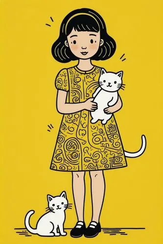 Keith Haring style doodle , sharpie illustration , bold lines and solid colors , simple details , minimalism , yellow background. A cute cartoon girl in a dress holding a white kitten , full body , ye