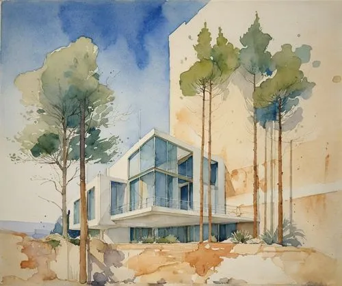 FACHADA CON LINEAS MODERNAS, PINTURA EN ACUARELA,ENT 1,savoye,hejduk,neutra,eisenman,docomomo,watercolor shops,fresnaye,athens art school,watercolourist,watercolour,facade painting,watercolours,waterc