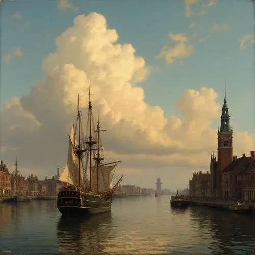 Dutch Golden Age era painting, early evening port of Amsterdam with sailing vessels and impressive clouds in the sky,a painting of a large sailing ship docked near a small church and a town in the dis