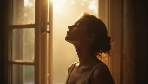 A young woman with eyes closed, head lifted slightly, standing in front of an open window filled with morning light. Octane cinematic tone.

,a woman stands next to a window in front of sunlight,woman