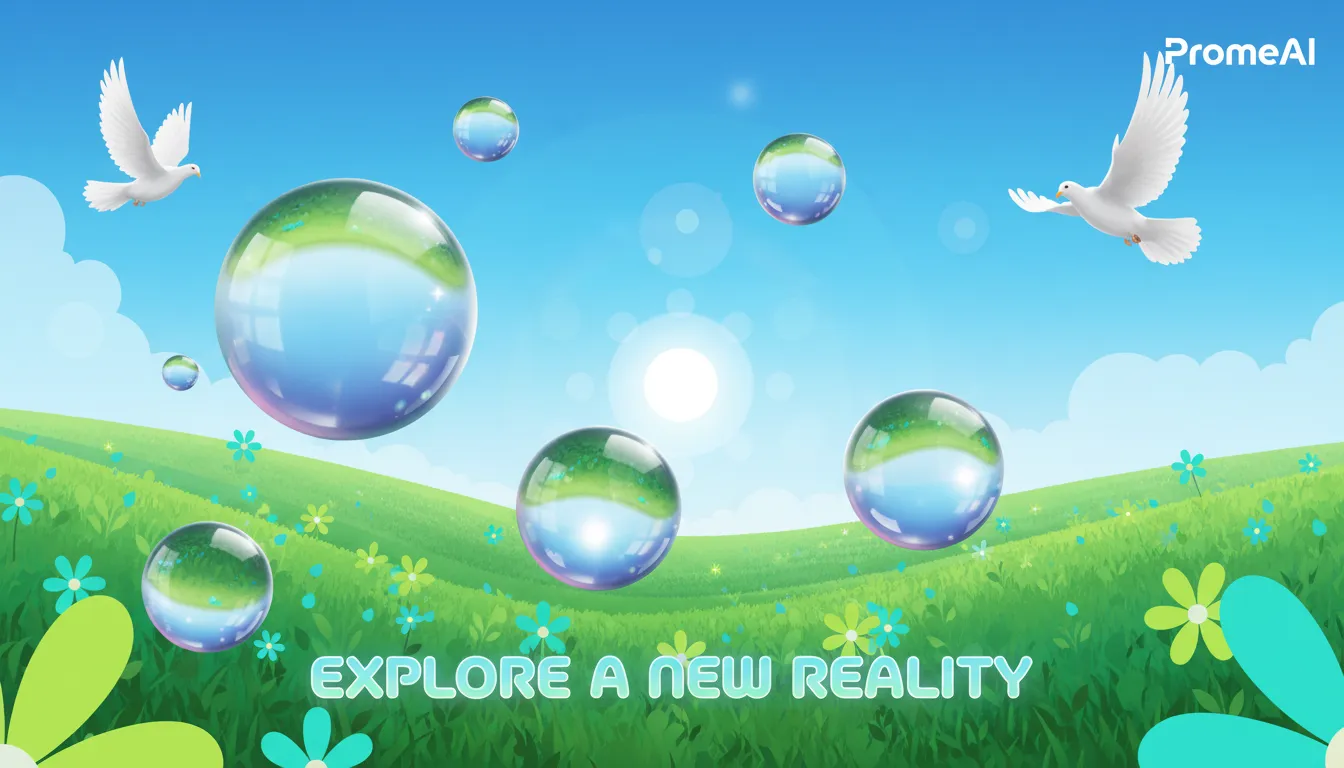 Un vivace poster in stile Frutiger Aero, con sfere trasparenti lucide, un campo verde lussureggiante e un cielo blu brillante, creato con PromeAI.