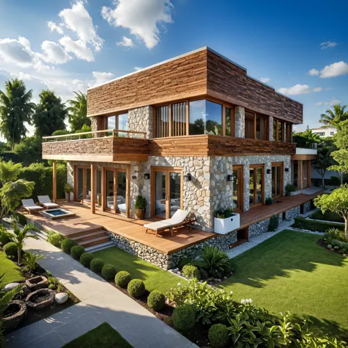 a home is shown with grass and trees,holiday villa,tropical house,beautiful home,luxury home,chalet,modern house,pool house,luxury property,dunes house,wooden house,bungalows,landscaped,verandah,two s