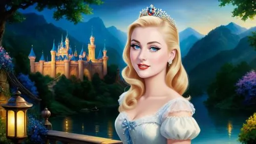 Romantic masterpiece oil painting, cute girl portrait, nostalgic 1950's style kitsch, breathtaking beautiful Disney kingdom landscape, majestic fantasy scenery, evening lighting, highly detailed highr