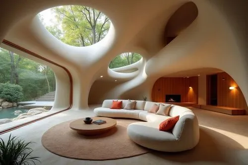 Design stunning glass-walled retreats harmonizing nature with modern elegance.,inside, the room has an unusual and interesting ceiling,futuristic architecture,interior modern design,modern living room