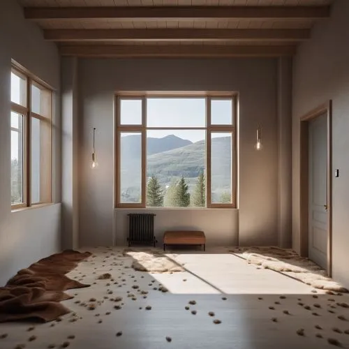 the room has three windows, a rug, and a bench in it,japanese-style room,modern room,bedroom window,abandoned room,bedroom,great room