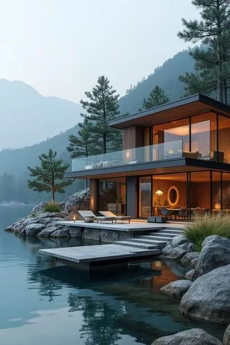 A contemporary villa located on the edge of a tranquil lake, with floating walkways and terraces that extend over the water. The design is a mix of glass, wood, and stone, with sleek, minimalist lines