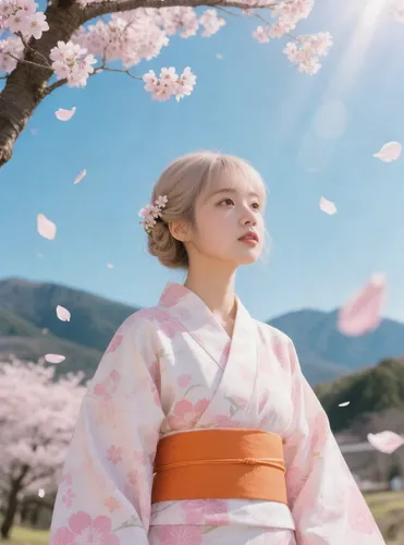 Under a sakura tree in full bloom, a kimono - clad woman with soft pink patterns looks up. She blinks slowly, a petal landing on her hair. Carefully, she plucks it off, holding the petal in her palm, 