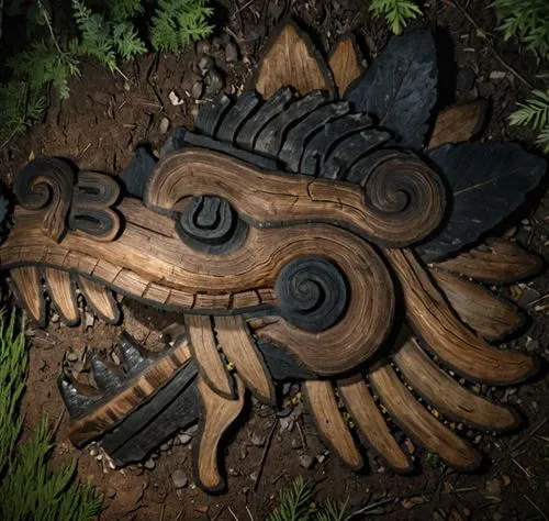a wooden carved sculpture is sitting in the woods,carved wood,wood carving,woodcarvings,forest fish,wood art,woodcarving,wooden mask,scrap sculpture,tribal,hand carved,tiger turtle,carvings,tribal bul
