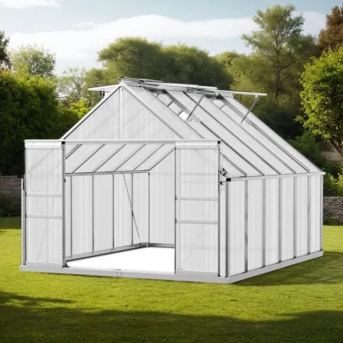 On green grass surrounded by plants and trees surrounded,the garden greenhouse has been placed outside,shed,dog house frame,garden shed,sheds,greenhouse cover,outbuilding