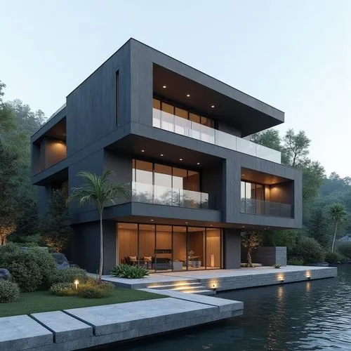 A hyper-realistic, high-resolution architectural photograph of a multi-level, contemporary luxury residence featuring a sleek, geometric design. The exterior is composed of smooth, matte charcoal-gray