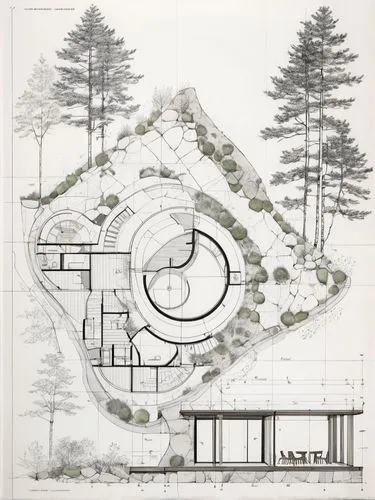 a drawing of a building surrounded by trees,garden elevation,landscape plan,house drawing,architect plan,floor plan,second plan