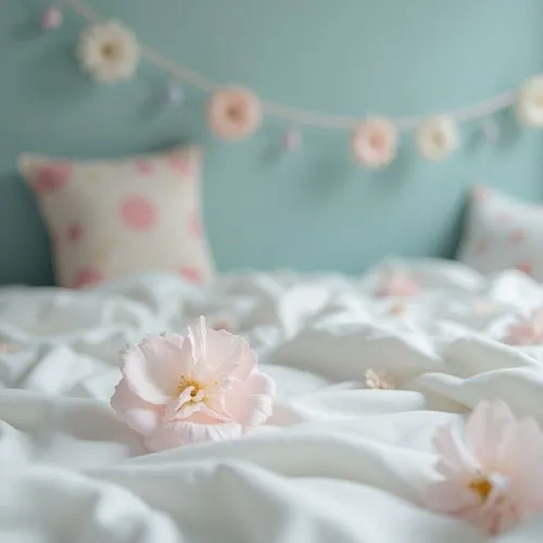 exclusive kids room elegant decoration on bed,delicate ,pastel colors,blured background,zoom focus
,pink flowers lie on the white bed sheet,flower blanket,bedspreads,gingham flowers,paper flower backg