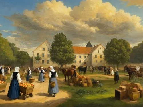 many figures of medieval people, a market-fair in Germany, a painting and layout style with the perspective of Pieter Bruegel, nuns on the counters selling cheese, bread, wine in barrels, apples, hone