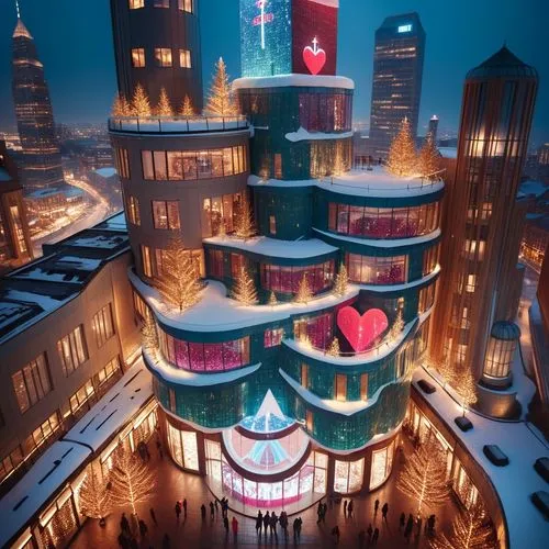 A medium-close-up view of a Christmas Architectural Fusion design style. Along the top portion of the building and along the bottom, there is red text that reads "THE STORE" while all the words are cu