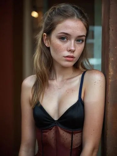 Torso/thigh portrait of a young lady in true elegance with light freckles in red and brown from the neck down almost to the chest.,a beautiful woman in lingerie next to a metal wall,bustier,alycia,cho