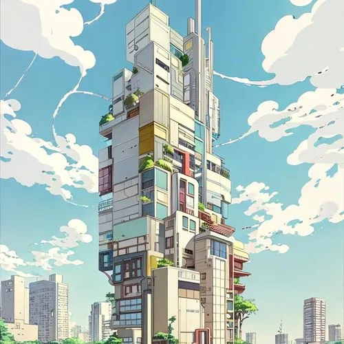 Urban scene, contemporary architecture, experimental design, tokyo residential area,a building with trees and sky in the background,skyscraper,sky apartment,the skyscraper,skycraper,skyscraper town,sk