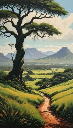 A detailed oil painting of a lush natural landscape in South Africa, 1960s South Africa. Envision a field with trees, tall grasses, and a large bush at its heart. The illustration captures an intricat