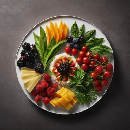 Create a stunning visual representation of delicious cuisine.,fruit plate,crudités,salad plate,fruit platter,fruit bowl,fruits and vegetables,food styling,fruit bowls,bowl of fruit,food collage,medite
