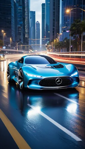 A sleek Mercedes Benz AVTR concept car, its futuristic design illuminated by the night rain like liquid silver, races down a highway at 200 mph, dangerously weaving through oncoming traffic. The aerod