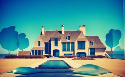 glass bricks tiles garden sunlight blue sky landscape people lake trees seaside waterfront,the large estate has a blue ocean view,house silhouette,beach house,houses silhouette,home landscape,beach gl