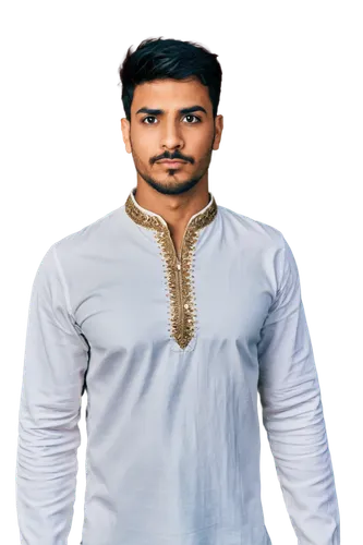 Indian guy, handsome face, dark skin, black hair, brown eyes, thick eyebrows, mustache, traditional clothing, white kurta, golden accessories, standing, confident pose, detailed facial features, soft 