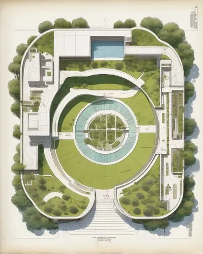 architectural plan for a library building of (Song dynasty:1.2), floresent green walls, round waving shape, (Tadao Ando & SP+A style: 1.3),  inspired by SP+A & Zha Shibiao , conceptual art, rammed ear
