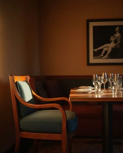 Create an image of a cozy restaurant interior during the golden hour, emphasizing a warm and inviting atmosphere. The color palette should consist of rich browns, soft amber tones and deep shadows, cr