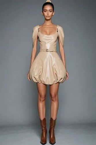beige tank top, beige leather  ballon skirt,  boots,a woman is posing in a short beige dress,hemline,doll dress,dress form,hemlines,refashioned,fashion vector,female model,women fashion,torn dress,clo