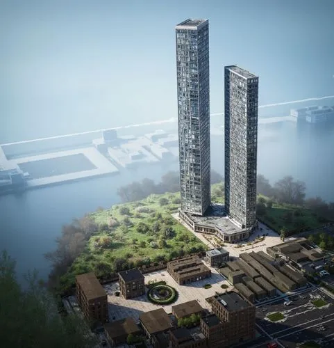two tall building towering over a city near water,urban towers,international towers,residential tower,inlet place,redevelop,penthouses,high-rise building,high rise building,towers,high rise,highrise,u