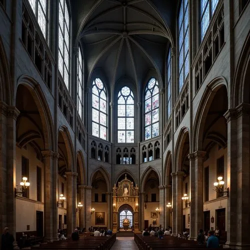 Majestic Gothic cathedral, stunning stained glass windows, intricate stone carvings, grandiose vaulted ceilings, ornate pinnacles, pointed arches, ribbed vaults, flying buttresses, mystical ambiance, 