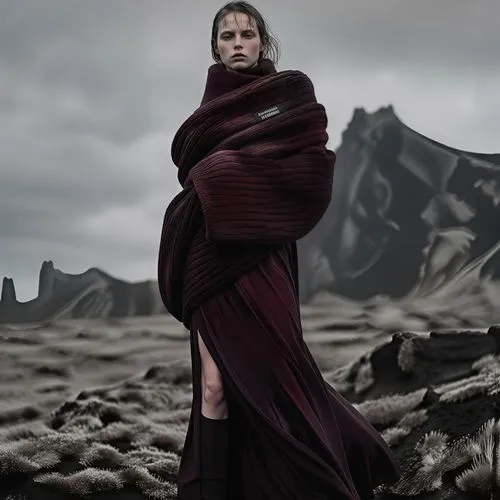 a balenciaga jacquemus collaboration Jacquemus Avant-garde, knit top, prune dress, landscape in iceland, winter vegetation, volcanic landscape, an ultra fine and detailed abstract photoshoot of an Edi