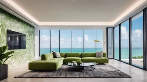 commercial office  reception with a ceiling light, sectional sofas, vase, decorative photography, light
 background wall, background light, green plant wall, ocean views, Miami,  Zaha Hadid futuristic
