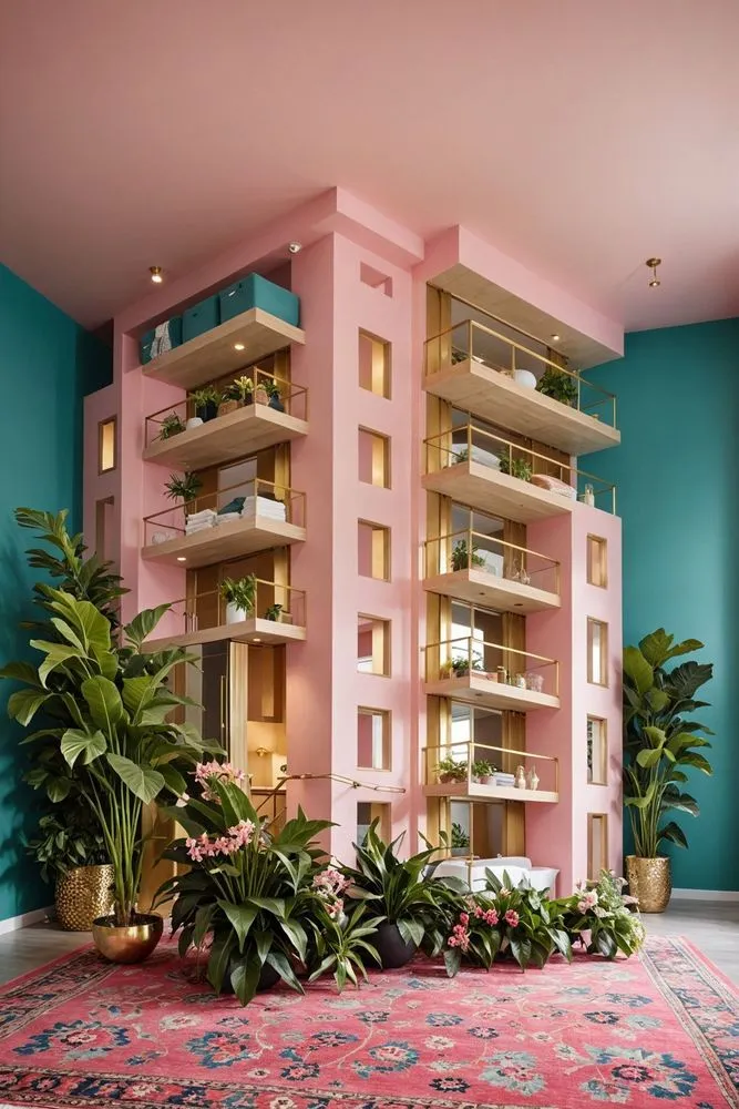 large, pink building with two stories surrounded by green trees