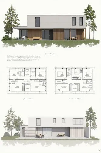 A professional architectural presentation board with a Pure background and a clean, minimalist design layout. The board includes:

Top Section: On the top left, a photorealistic render of a contempora