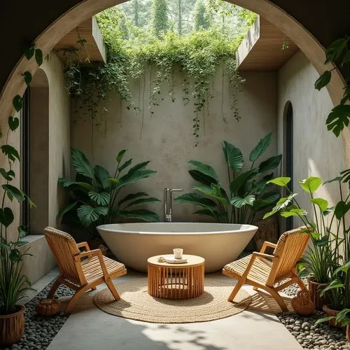 An eco-friendly studio apartment interior, bamboo made chairs and center table, concrete walls and decorated in greenery and flowers, green roof , with opulent ambience. atmosphere is Fall, with a uni