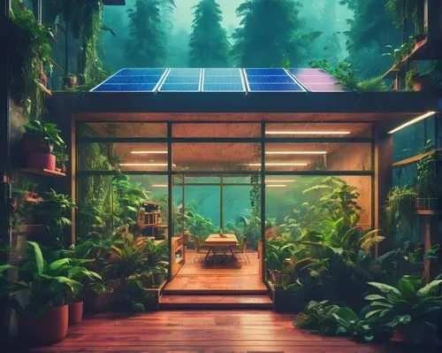 Green house, modern architecture, glass walls, wooden frames, lush greenery, vines climbing up walls, solar panels on roof, recycling bins, eco-friendly design, natural lighting, open space interior, 