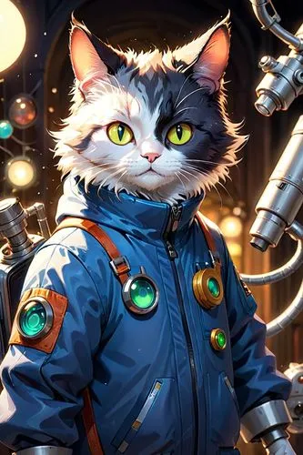  ,an illustrated cat in uniform in front of some lights,cat warrior,sci fiction illustration,astronomer,cat sparrow,engineer,spayed,game illustration,commander,cosmonaut,calico cat,the cat,game art,as
