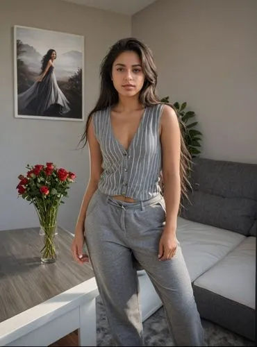 a photograph full body of a young woman 22 years old with black hair, wearing a striped gray vest and gray pants. She stands in a modern living room with a table featuring a vase of roses. On the wall