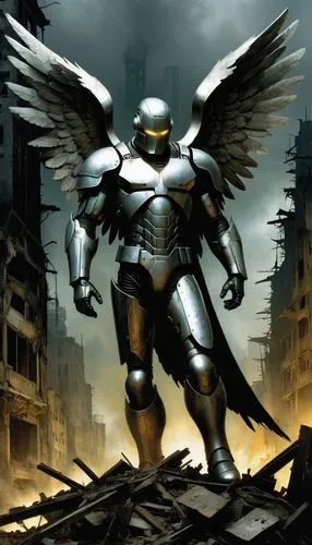 un angel de acero y partes humanas, está en una ciudad destruida ,an angel in metal suit standing in ruins,archangel,the archangel,steel man,titan,crusader,armored,spartan,metropolis,megaton,knight ar