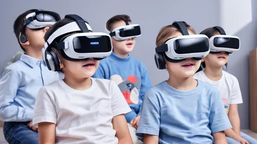 Children wearing VR glasses， and panoramic , good result,vr,virtual reality headset,virtual world,vr headset,virtual reality,prospects for the future,children learning,virtual landscape,technology of 