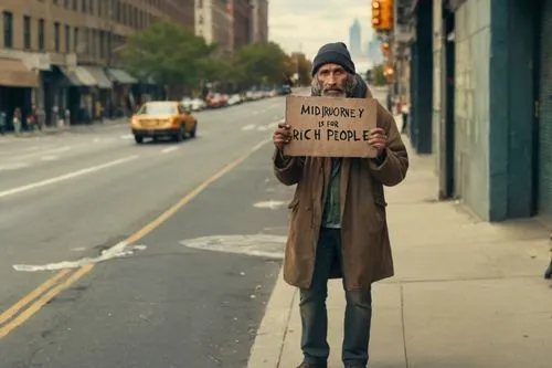 Homeless man standing on the side of the street in New York City holding a sign.,a man standing on a sidewalk holding up a sign,panhandler,panhandling,panhandlers,homeless man,homeless,homelessness