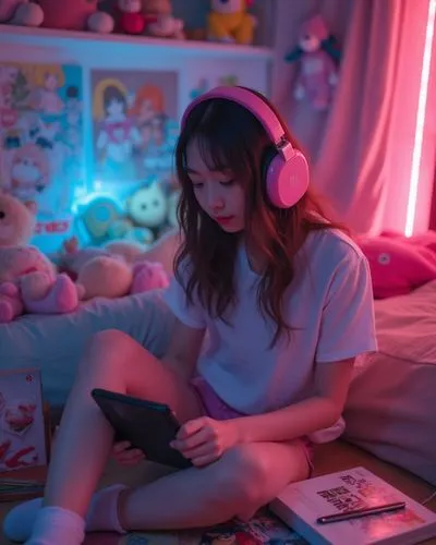 A teenage girl in a brightly colored room filled with plush toys and anime posters. She’s sitting on the floor, wearing oversized pink headphones, surrounded by manga books and a Nintendo Switch in he