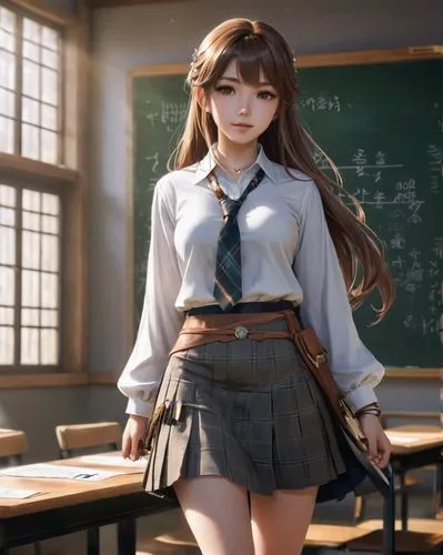 1girl, solo, long hair, looking at viewer, skirt, brown hair, shirt, jewelry, school uniform, necktie, choker, indoors, bag, bracelet, plaid, plaid skirt, classroom, chalkboard,the girl is wearing a l
