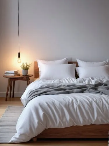 Modern minimalist bedroom, cover sheet with subtle wrinkles, soft silky texture, gentle folds, elegant simplicity, low-angle shot, warm cozy lighting, wooden floor, sleek minimalist bed frame, scatter