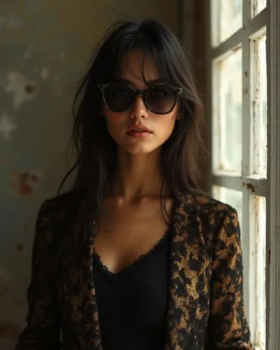 a woman wearing sunglasses looking out the window,sunglasses,shades,aviators,sun glasses,color glasses,portrait background